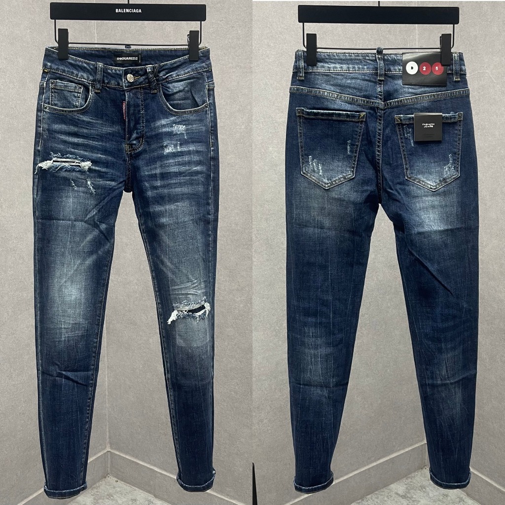 Quần jean bò nam Dsq2 slimfit wash mài xanh nhăn sóng 3D rách 1 bên đùi gối 4 cúc chữ dáng basic QJ440P
