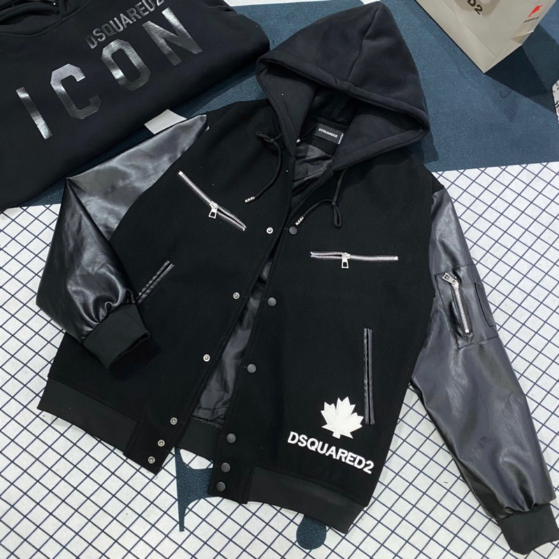 Áo Khoác Mũ Nam Nữ Dsq Vải Dạ Khoá Zip Ngực Thêu Lá Phong Chữ ICON Phối Tay Da Túi Zip Mũ Nỉ 2 Lớp Siêu Cấp 2024