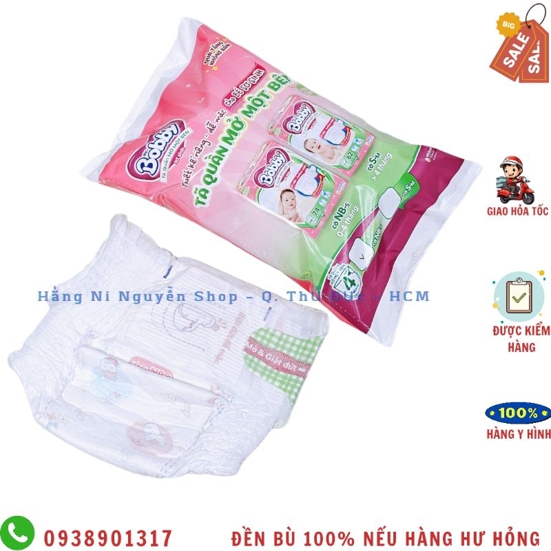 Bịch 4 miếng Bỉm/Tã quần Bobby dán 1 bên Newborn cho bé.