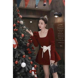 ĐẦM NHUNG ĐỎ CỔ U ĐÍNH NƠ