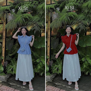 Set áo xanh bèo hở lưng + chân váy trắng