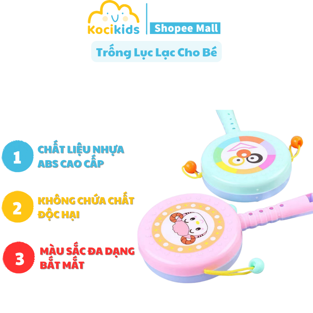 Trống lục lạc cho bé làm từ nhựa ABS – Trống cho bé Màu sắc, Họa tiết sinh động dễ thương