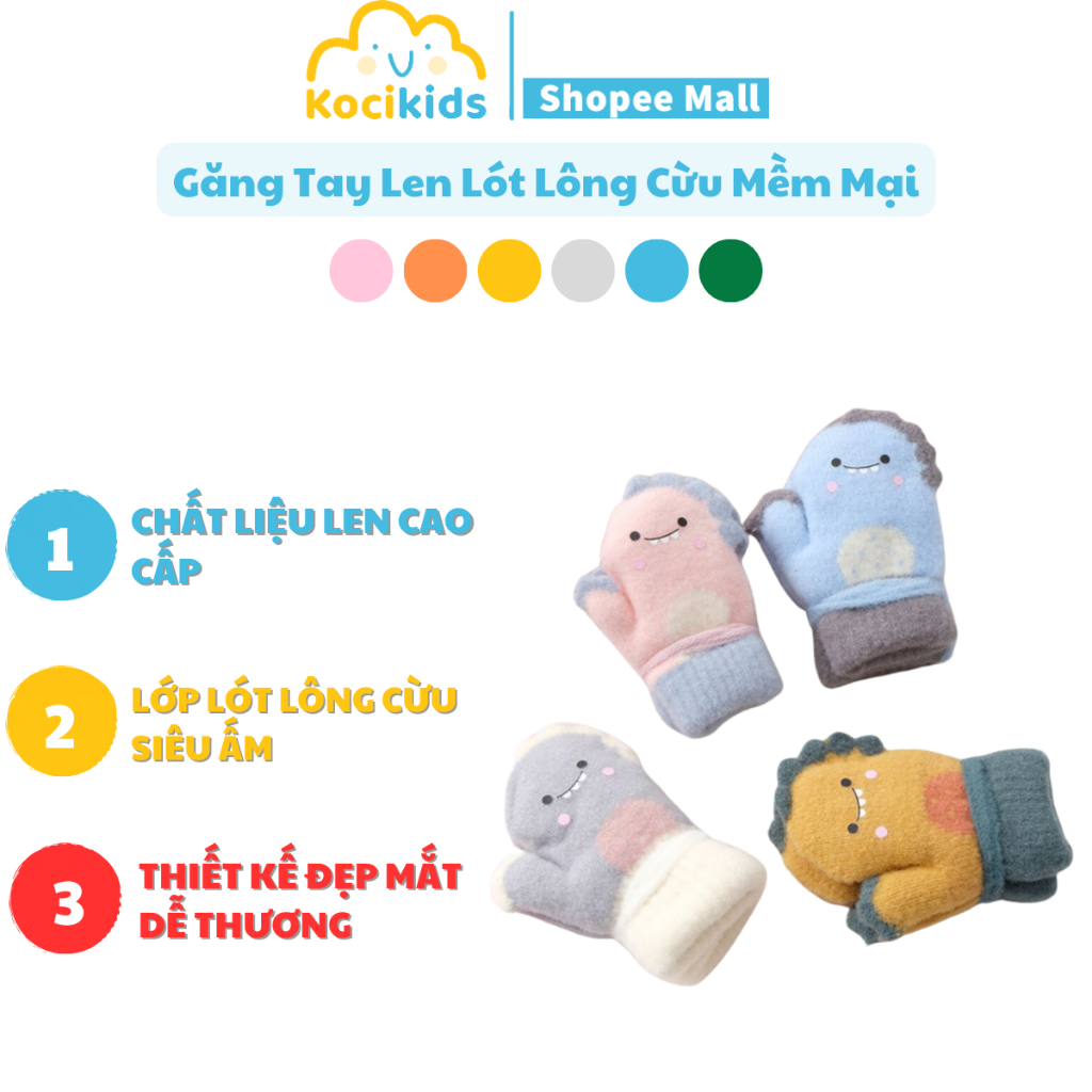 Găng tay len lót lông cừu mềm mại họa tiết khủng long đáng yêu cho bé từ 2-5 tuổi