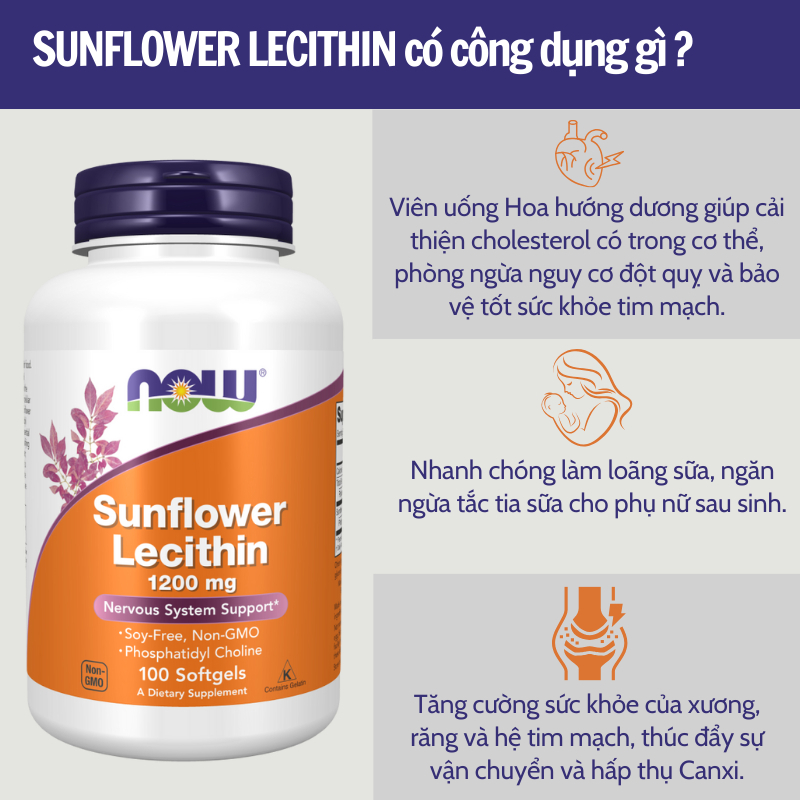 Chống tắc tia sữa Sunflower Lecithin NOW làm loãng sữa, giảm tình trạng sữa bị đông vón cục 100 viên