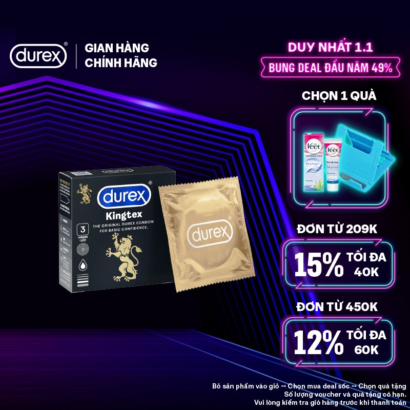 Bao cao su Durex Kingtex ôm sát, bôi trơn, size 49mm, hộp 3 bao