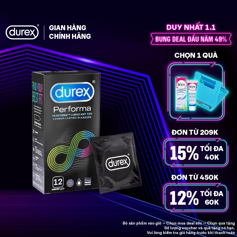 Bao cao su Durex Performa kéo dài thời gian, size 52mm, hộp 12 bao