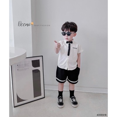 Set bộ sơ mi cộc Beemo vải thô hàn phối nơ dài, quần kẻ ngang mặc đi chơi, sự kiện cho bé trai từ 9-25kg 4006SHB