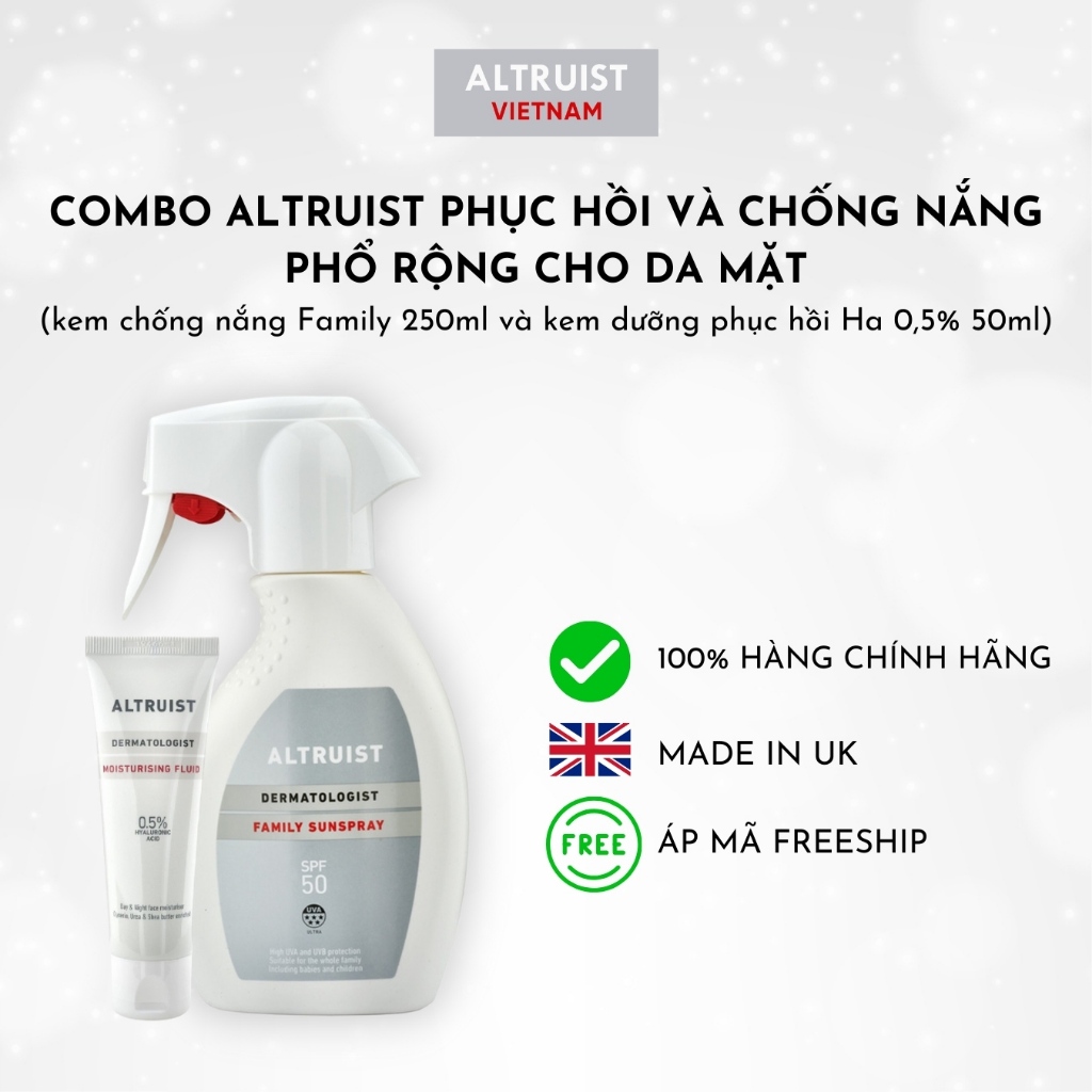 Combo Altruist chống nắng phục hồi da (kem chống nắng Family 250ml và kem dưỡng phục hồi Ha 0,5% 50ml)