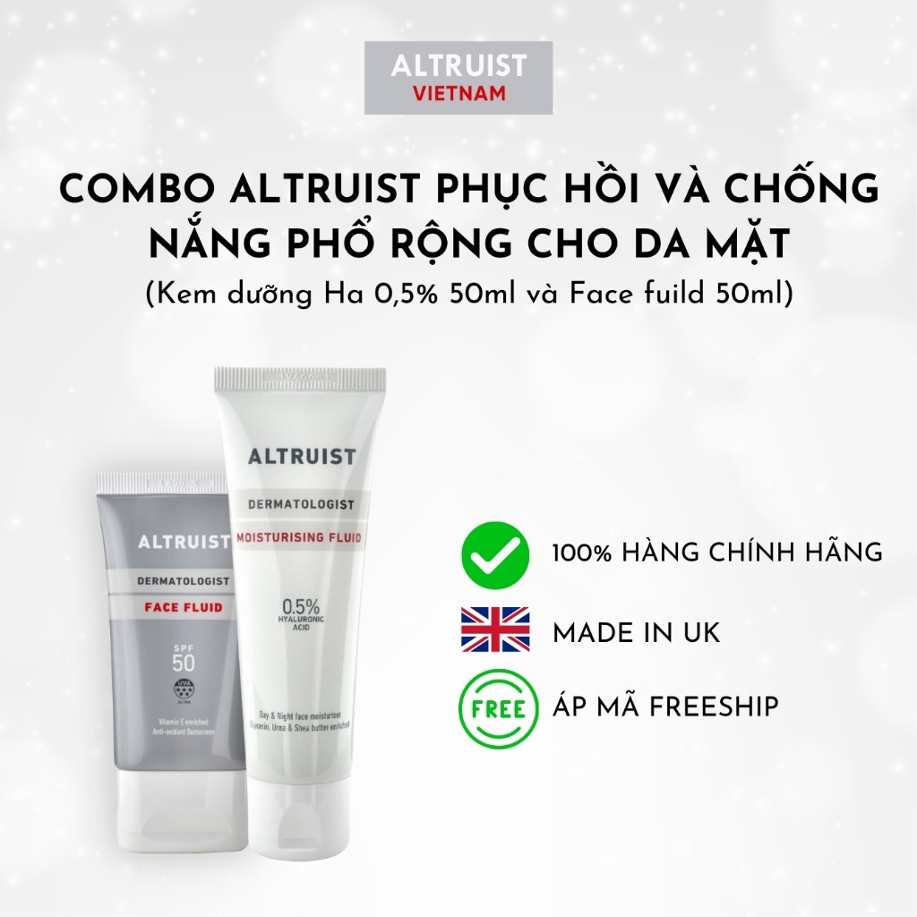 Combo Altruist phục hồi và chống nắng phổ rộng cho da mặt (kem dưỡng Ha 0,5% 50ml và Face fuild 50ml)