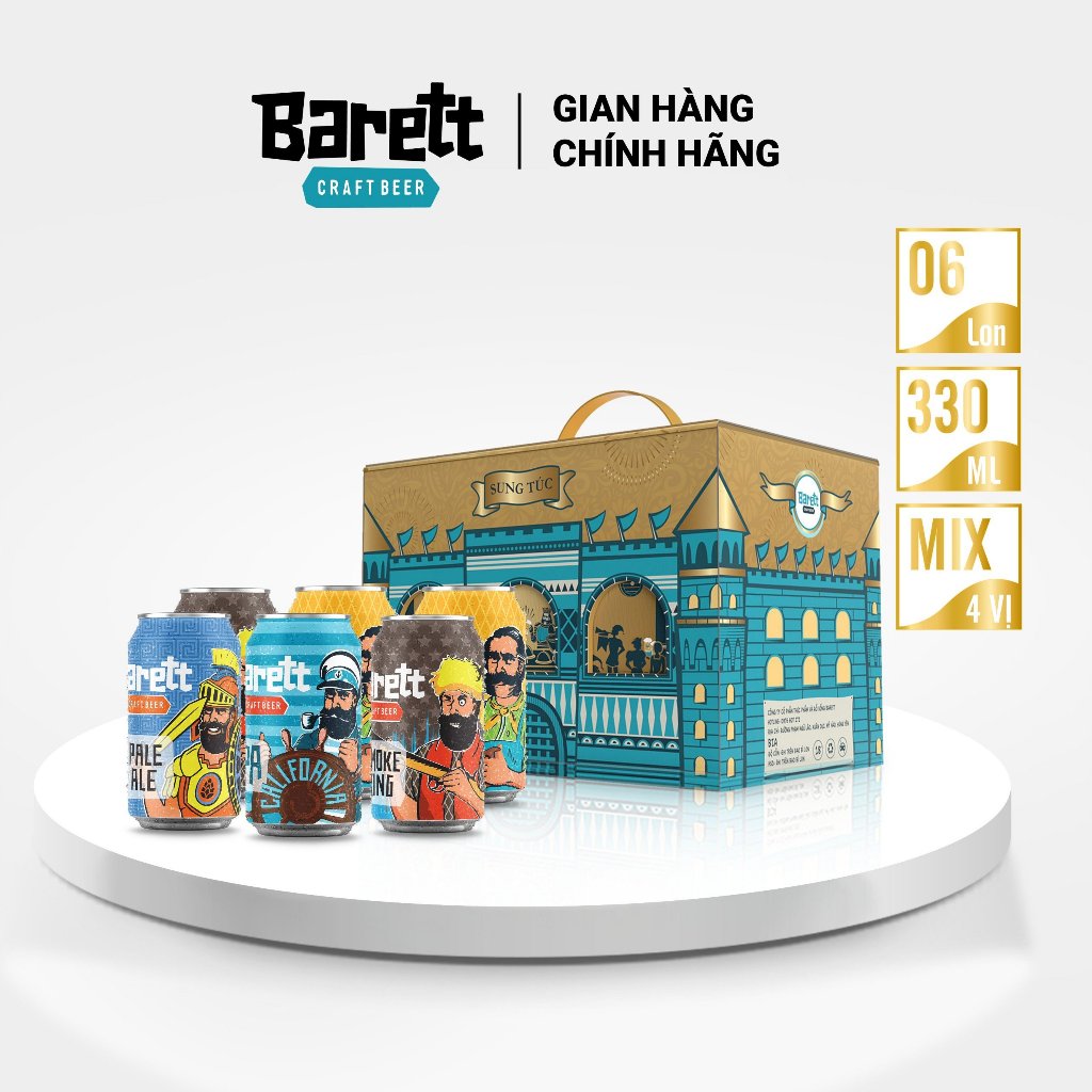 Bia BARETT set 6 lon mix 4 vị (330ml)