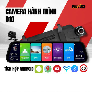 Camera hành trình ô tô D10, cam hành trình gương 10inch FullHD, tích hợp cam lùi, có cảnh báo giao thông BH 12T