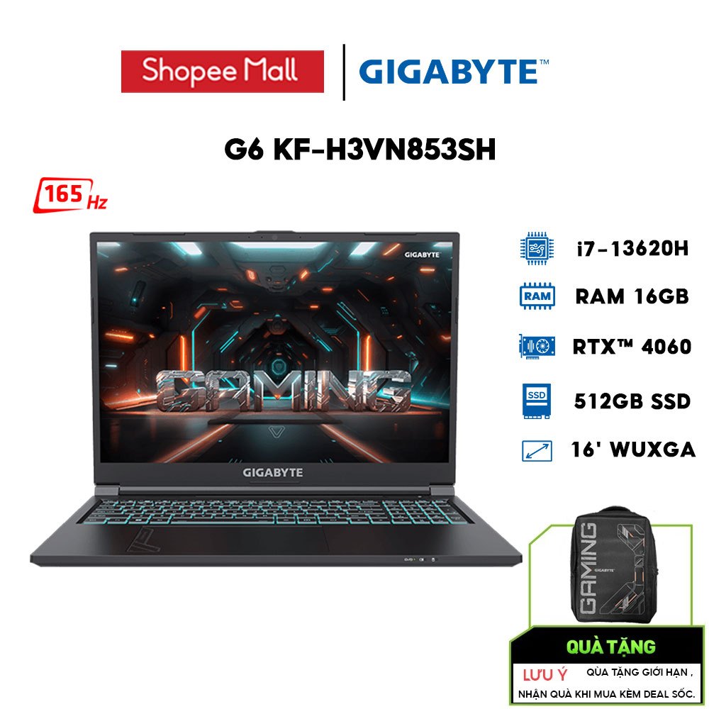 [Nhập ELGAME22 giảm 10%] Laptop Gigabyte G6 KF-H3VN853SH i7-13620H | 16GB | 512GB | RTX™ 4060 8GB