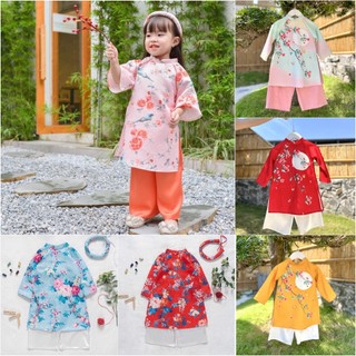 [SALE CLEAR MÃ] Áo dài Tết Điệp Lan & Cát Tùng bé gái tay loe gấm xốp hoa vân nổi