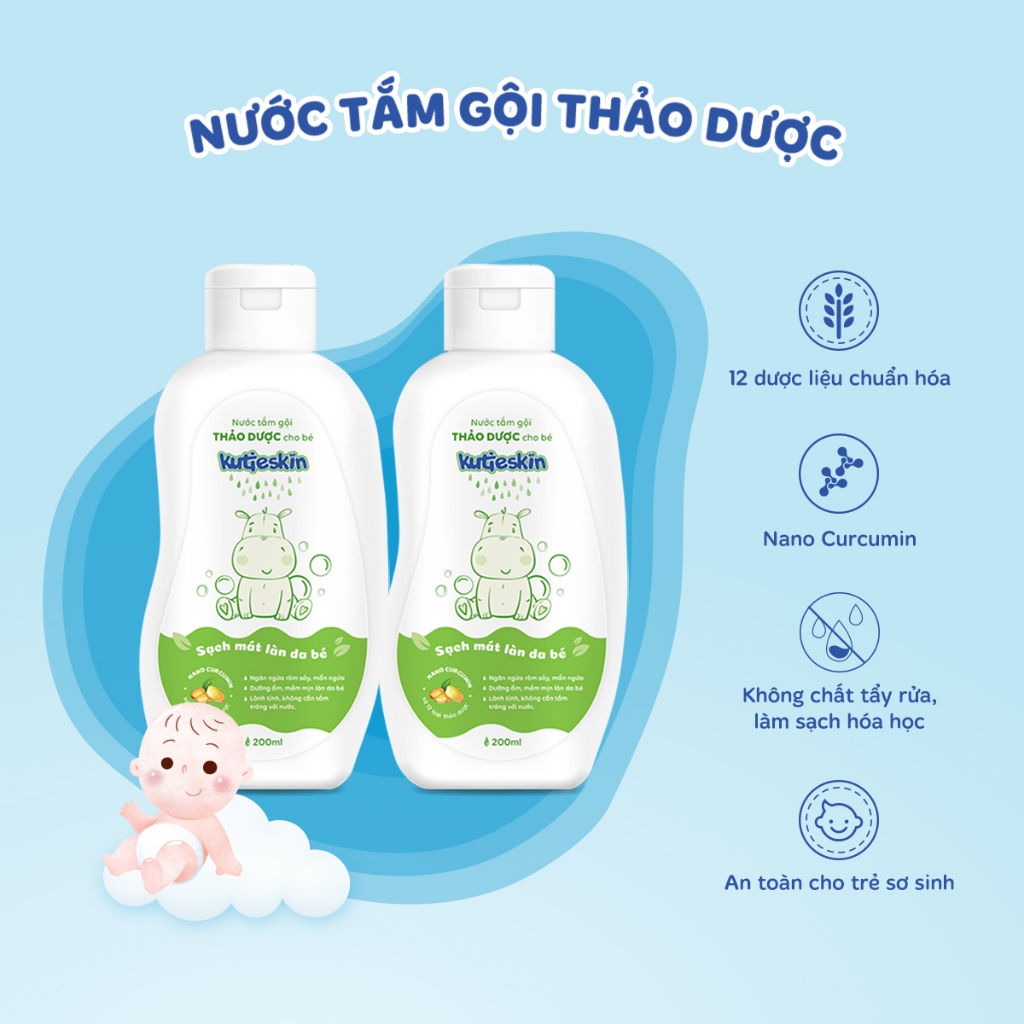 Combo 2 chai nước tắm gội thảo dược cho bé kutieskin 200ml