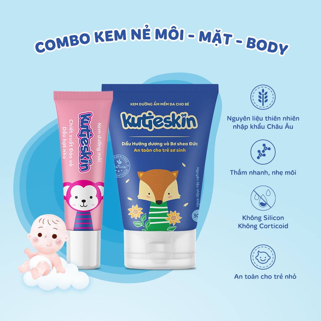 Combo Son dưỡng môi dạng kem + Kem dưỡng ẩm cho bé Kutieskin 30gr