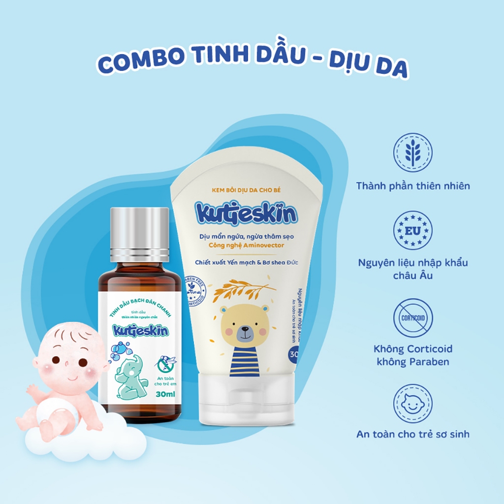 Combo Kutieskin gồm Kem bôi dịu da 30gr và tinh dầu đuổi muỗi, giữ ấm cơ thể 30ml