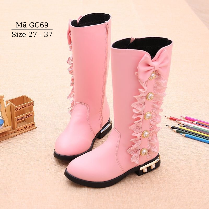 Giày bốt cổ cao cho bé gái 3 4 5 6 7 8 9 10 11 12 tuổi da mềm lót lông ấm áp phong cách Hàn Quốc Hồng Đỏ sành điệu GC69
