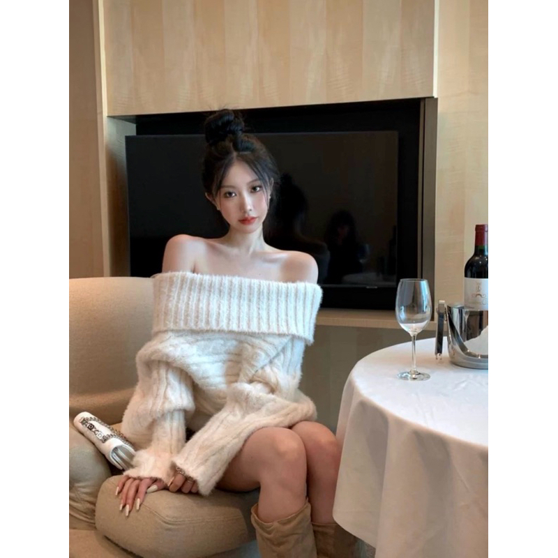 𝙎𝙤𝙢𝙢𝙖𝙞 Áo len trễ vai vặn thừng trắng dày mềm mịn