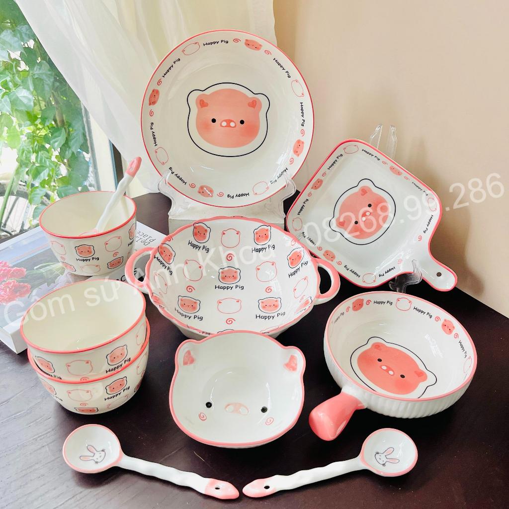 Bộ Bát Đĩa Gốm Sứ Decor, Bát Ăn Cơm, Bát Ăn Chè, Chén Dĩa Dễ Thương Bộ Bát Đĩa Heo Hồng 11 Món xinh yêu Gomsudecor21