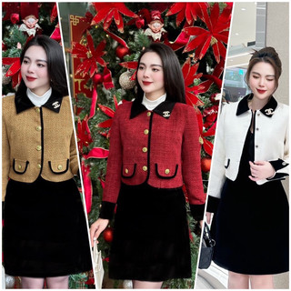 Áo dạ tweed cổ ren hoa tiểu thư