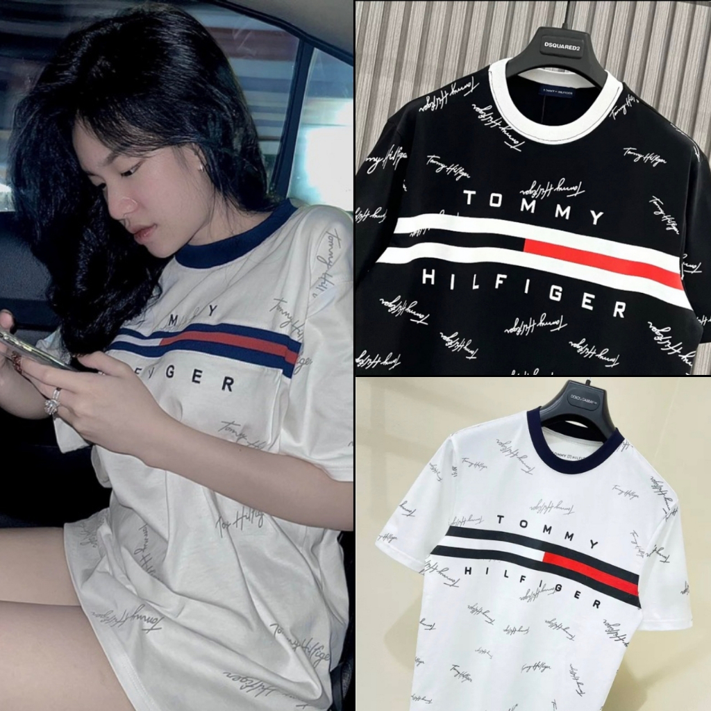 Áo thun Tomy hàng thêu bản chữ kí in chất liệu cotton bo cổ xịn xò