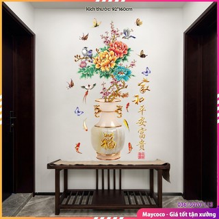 Decal dán tường bình hoa mẫu đơn size lớn, decal dán tường bình hoa bình sen trang trí phòng khách, phòng ngủ