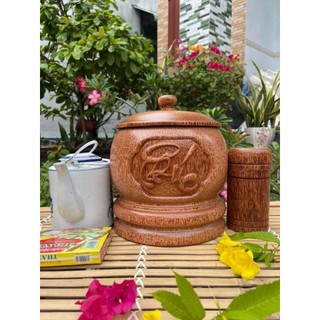 Vỏ Đựng Bình Trà Điêu Khắc Phúc Lộc Thọ Tinh Xảo Bằng Gỗ Dừa, Quà tặng handmade ngày lễ Tết