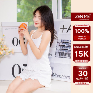 Bộ Đồ Ngủ Hai Dây Trơn Phối Bèo Chất Liệu Cotton Tăm Co Giãn BTB0323, Zen Me Women's World
