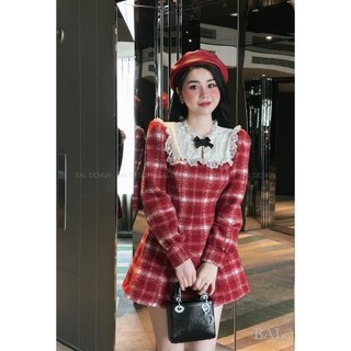Set váy dạ kẻ phối cổ ren dài tay dáng ngắn, Đầm kẻ chiết eo dáng ngắn phong cách tiểu thư Hàn Quốc sang chảnh