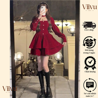 Váy nữ hai dây Hàn Quốc, Váy nữ chất nhũ 2 tầng tay dài dáng ngắn xoè tiểu thư dự tiệc