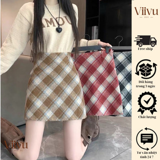 Chân váy nữ chất dạ kẻ dáng chữ A có quần bảo hộ, Váy kẻ caro dáng ngắn Viivushop