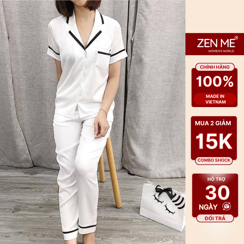 Đồ Bộ Nữ Mặc Nhà Phong Cách Pijama Chất Liệu Lụa Latin Áo Cộc Quần Dài PJP1021, Zen Me Women's World