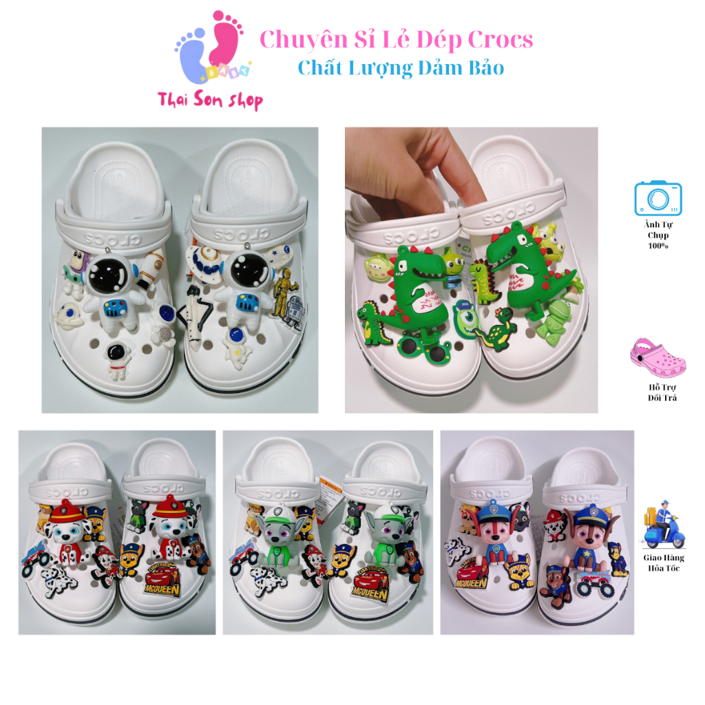 Dép Cross Baya cho bé trai màu trắng Mix Charm to Sục Crocs Classic nam nữ người lớn hàng xuất khẩu.