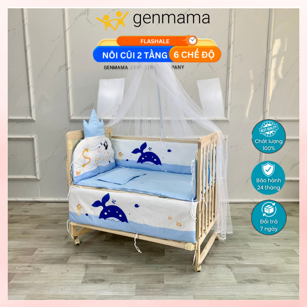 Nôi cũi đa năng 2 tầng 6 chế độ cho bé sơ sinh Genmama kèm bộ quây đệm