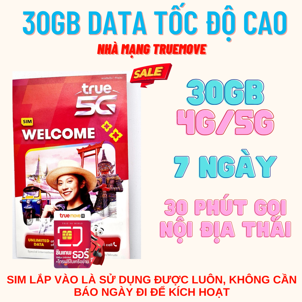 Sim du lịch Thái Lan 30GB tốc độ cao trong 7 ngày và 30 phút gọi miễn phí