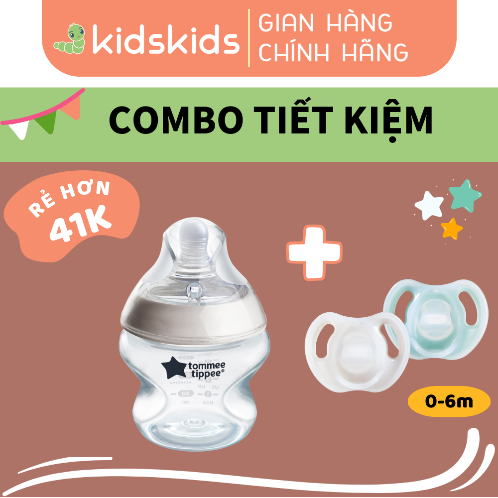 COMBO Ty ngậm silicon siêu nhẹ Tommee Tippee Ultra Light 0-6 tháng & Bình sữa ty siêu mềm tự nhiên Tommee Tippee 150ml