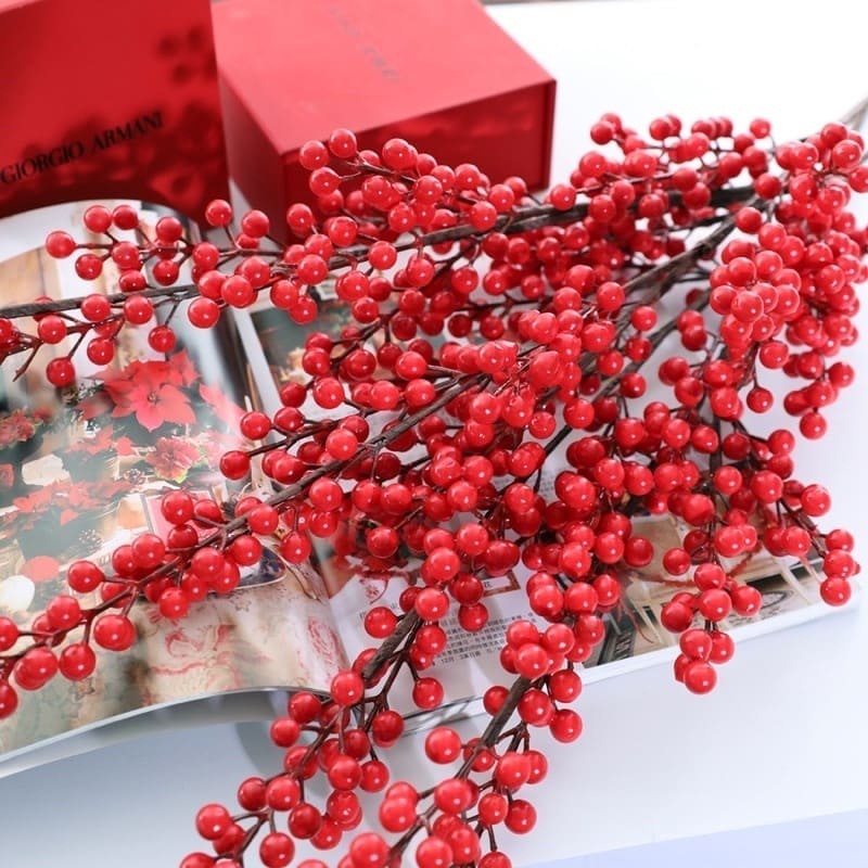 Cành đào đông đỏ 1 Cành 12 nhánh - Cây Đào Đông Đỏ Quả Đỏ Trang Trí, trang trí nhà cửa