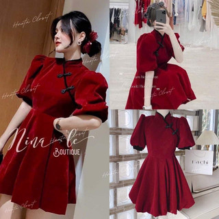 Đầm Nhung Đỏ Đô Cổ Tàu Mặc Tết
