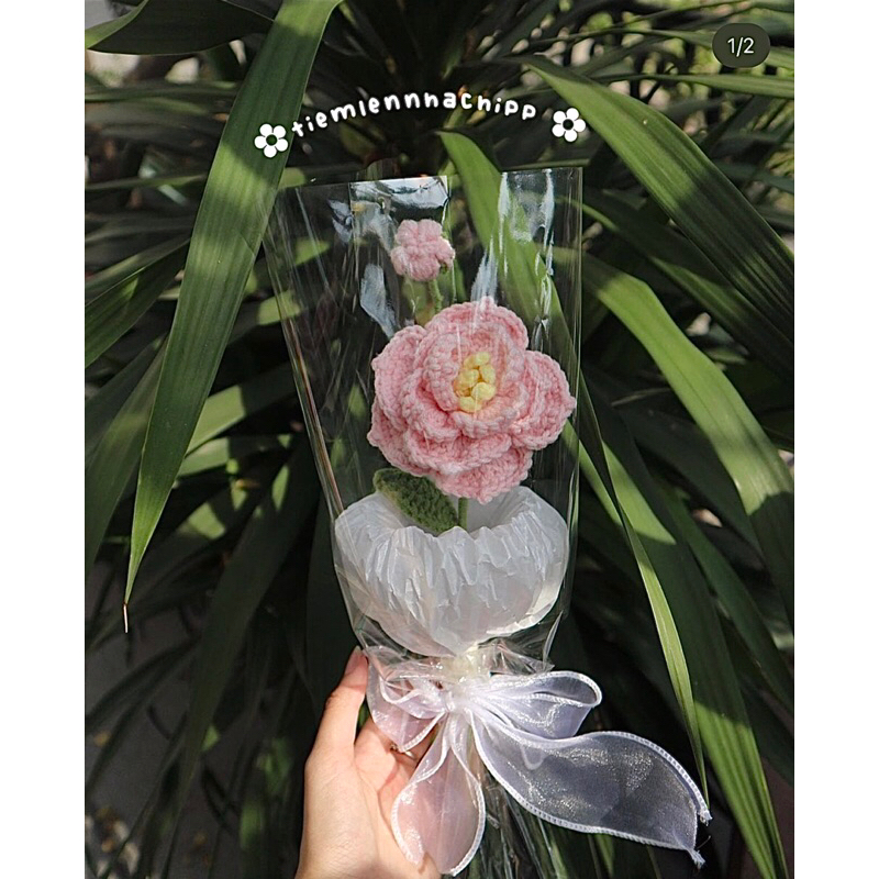 Bó lẻ 1 bông hoa trà bằng len handmade