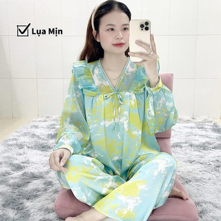 Bộ ngủ Loang xanh dài và ngắn tay,tay voan phối bèo,lụa tơ.tằm của 2CE
