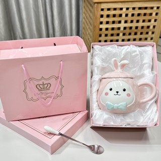 Ly cốc sứ có nắp đậy hình thỏ dễ thương 450ml, món quà sinh nhật tặng bạn gái cốc uống nước có nắp đậy kèm thìa - TTB