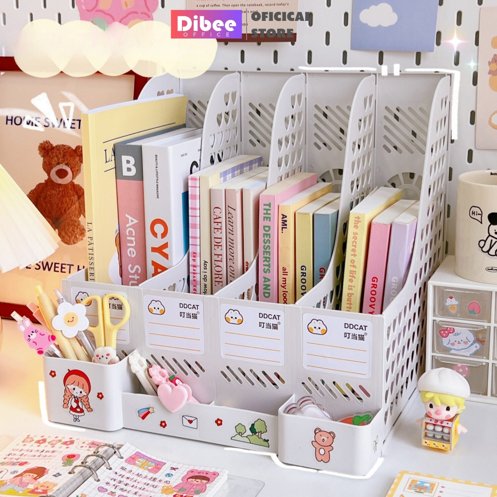 Khay kệ đựng tài liệu DiBee, kệ để bàn 4 ngăn, 4 màu, giá nhựa đựng sách, tài liệu chắc chắn kèm ống