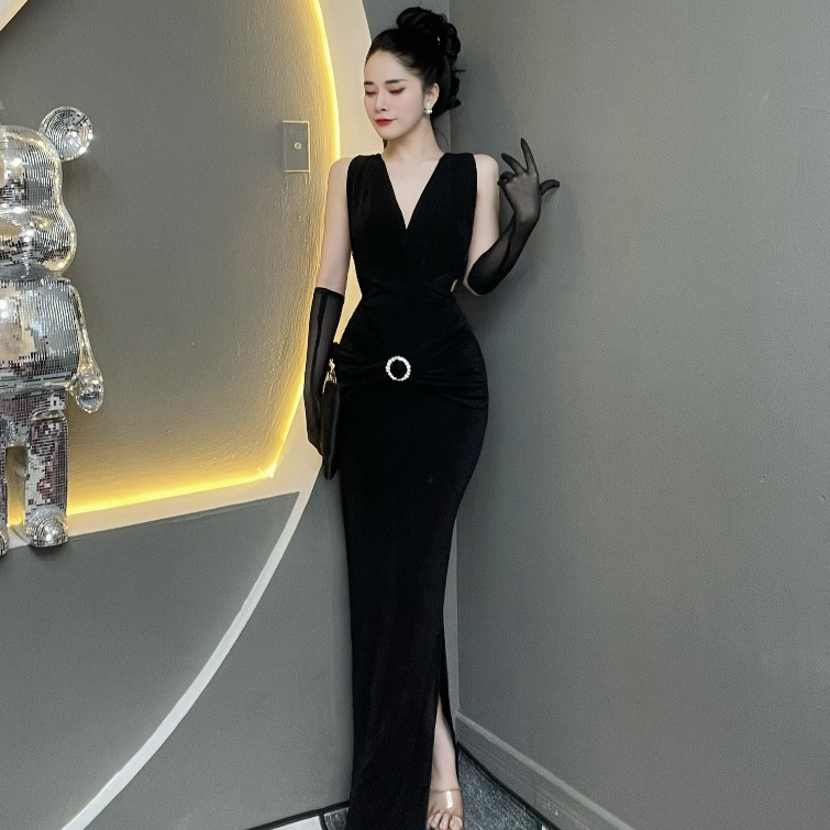 Đầm Body Nữ Thiết Kế Cổ V Phối Voan Dáng Dài Cách Điệu Women ( Kèm Bao Tay Lưới ) V1817 - Thanh Tự