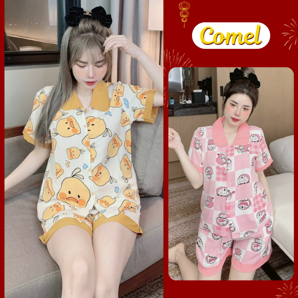 Bộ pijama lụa mango, bộ đồ ngủ nữ áo cổ sen quần đùi mặc nhà dễ thương Freesize 35-58kg- COMEL