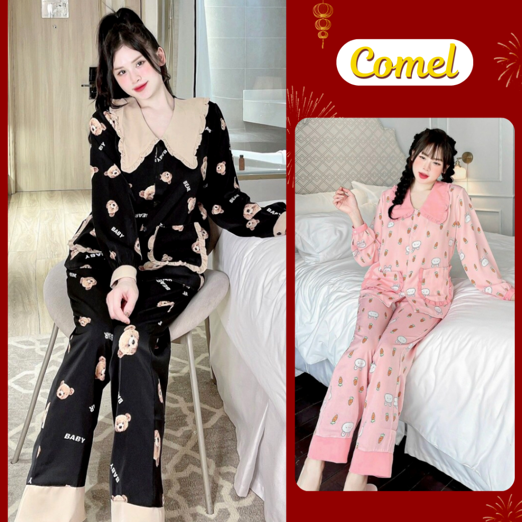 Bộ ngủ Pijama nữ lụa mango áo cổ bèo, tay dài thu đông, mặc nhà dễ thương Freesize 40-58kg D01 - COMEL
