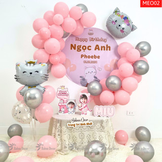 Set bóng trang trí sinh nhật chủ đề mèo tone màu hồng xám dành cho bé gái MEO02