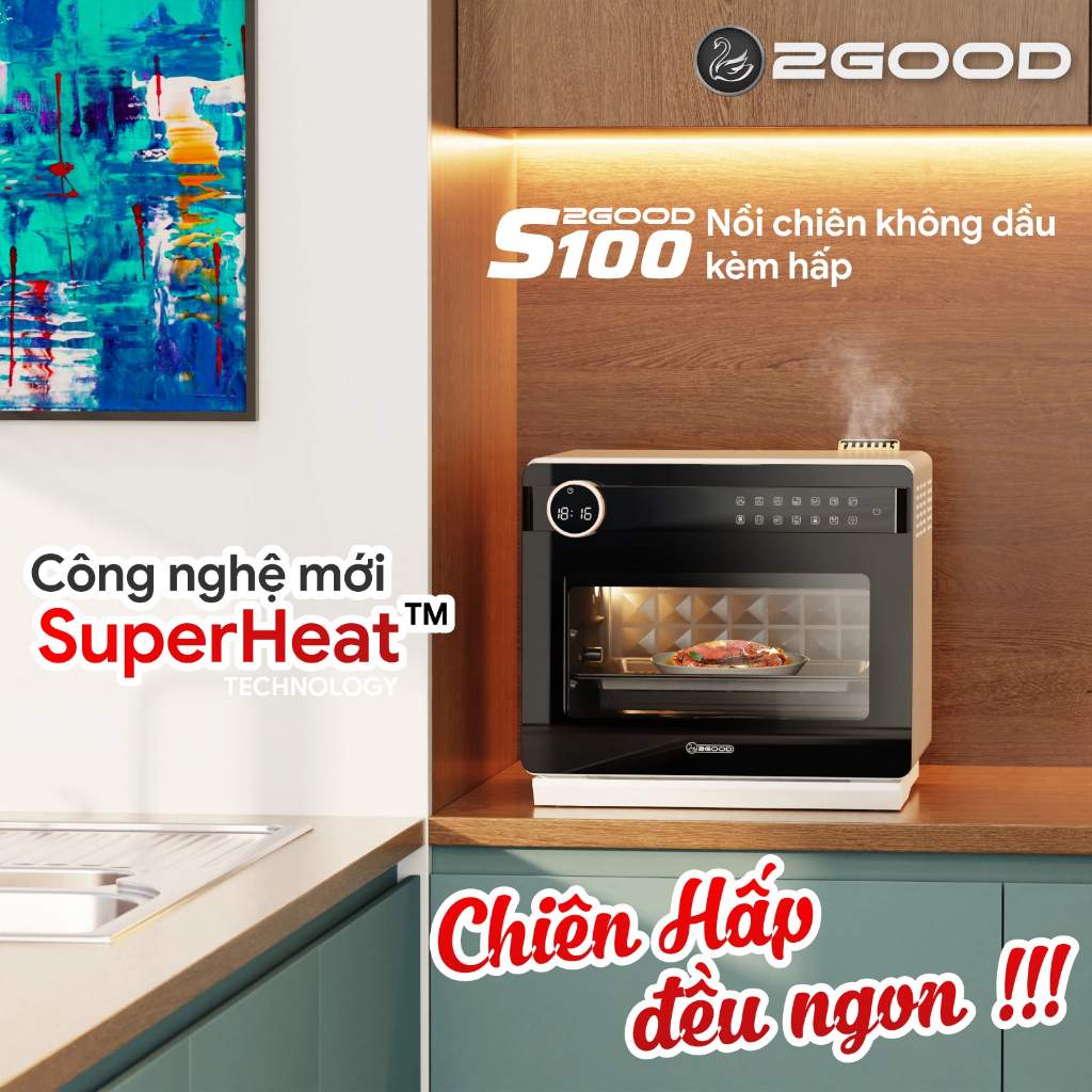 Nồi Chiên Không Dầu Kèm Hấp 2GOOD S100, Lòng nồi và phụ kiện INOX 304, Dung tích 20L, Lồng tự đảo 36