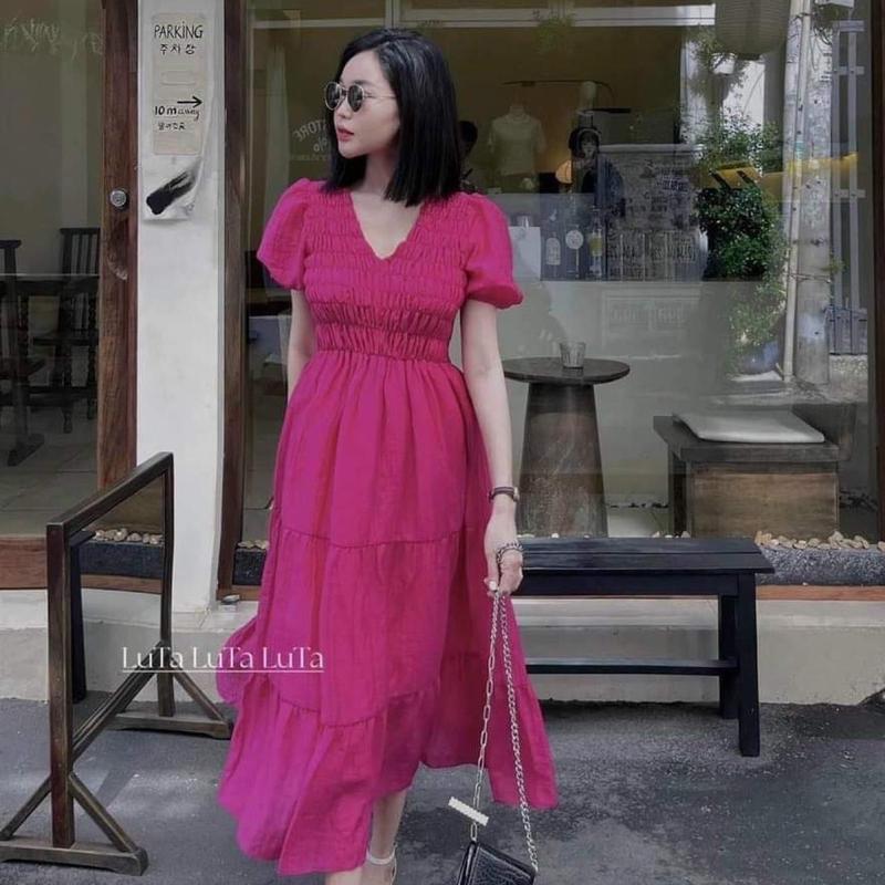 Đầm maxi nhún cổ tròn