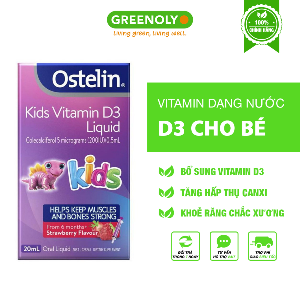 Vitamin D3 dạng nước 200IU cho bé từ 6 tháng Ostelin Kids Liquid 20ml của Úc giúp tránh còi xương suy dinh dưỡng ở trẻ