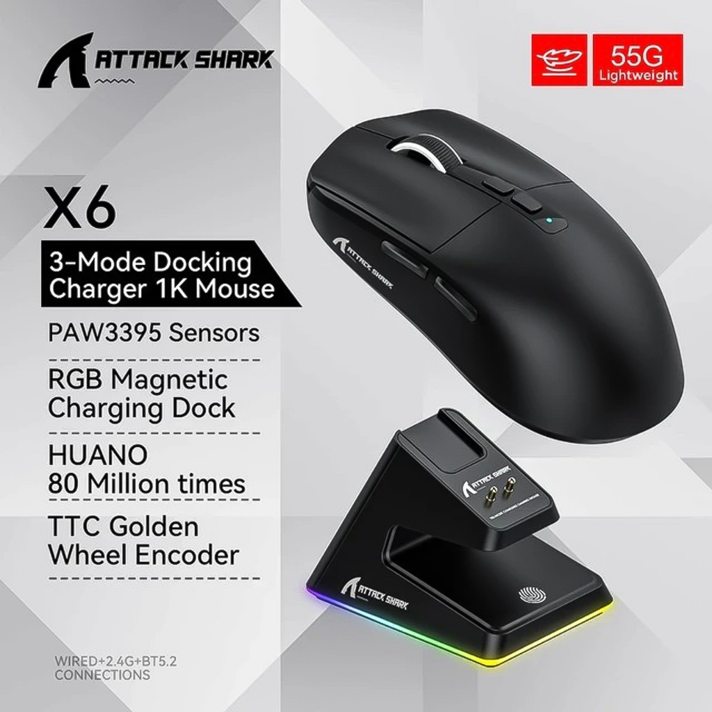 Attack Shark X6 - Chuột Gaming Bluetooth PAW3395, Dock Sạc RGB Không Dây, Siêu Nhẹ - dc5204